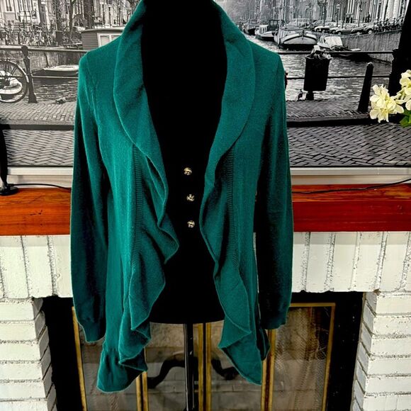 Charter Club Women Cardigan Sweater 2 Ply 100% Cashmere Ruffle Small Long Green - Picture 1 of 8